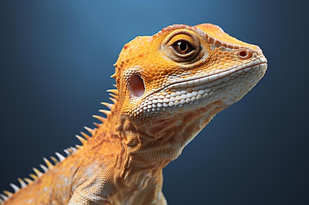 Closeup of a bearded dragon on a dark blue background