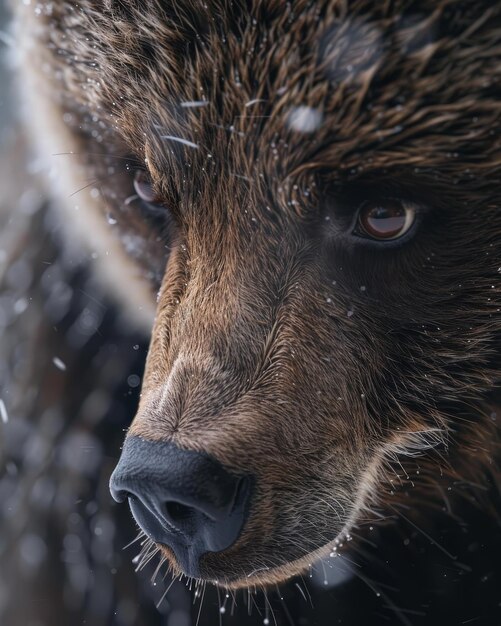 Photo closeup of a bears face in falling snow