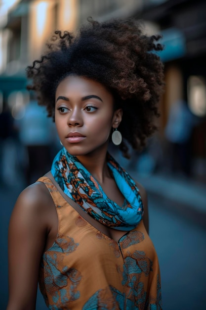 Closeup of beautiful african american woman looking at the camera generated with AI