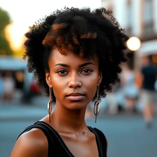 Closeup of beautiful african american woman looking at the camera generated with AI