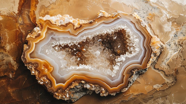 Closeup of a beautiful agate geode with brown and white bands