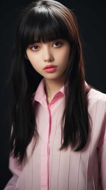 Closeup of a beautiful Asian girl with long black hair and bangs wearing a pink shirt looking directly into the camera near a dark background