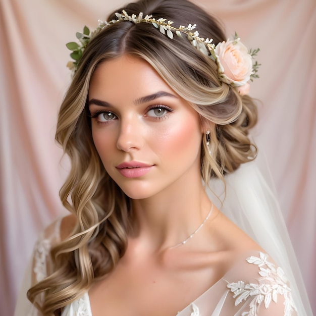 Closeup of beautiful blonde boho bride with a floral headband and a flower crown