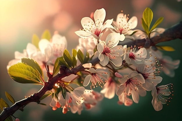 Closeup beautiful blooming Cherry Plum pink blossom flowers Generative AI