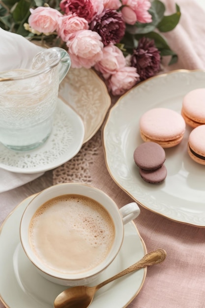 Closeup of a beautiful breakfast on a pink background Pasta a cup of coffee a latte and flowers on the table Food mood comfort concepts