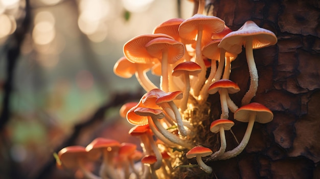 Closeup of a beautiful bunch of mushrooms with colorful light