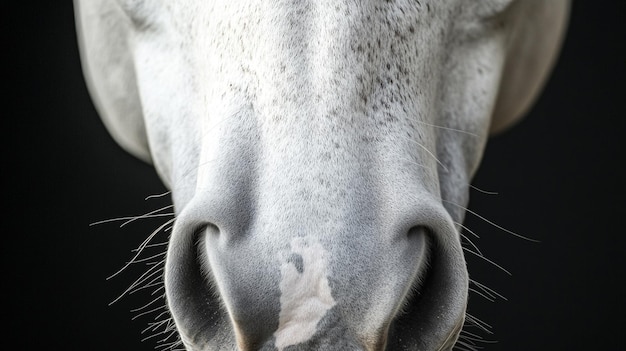 Photo closeup of beautiful calm white horse muzzle