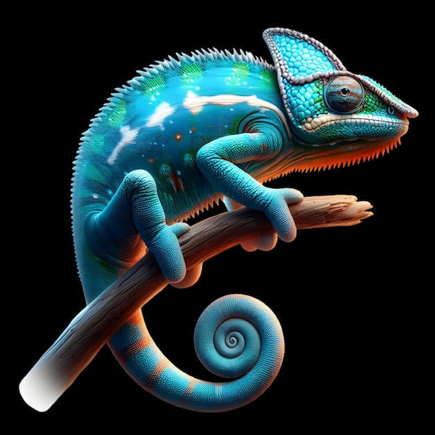 Closeup Beautiful Colorful animal lizard Chameleon on branch image on Black Background