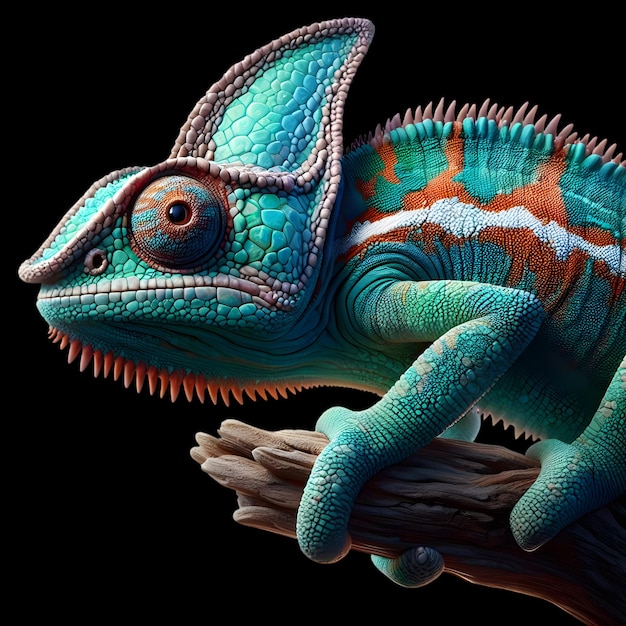 Closeup Beautiful Colorful animal lizard Chameleon on branch image on Black Background