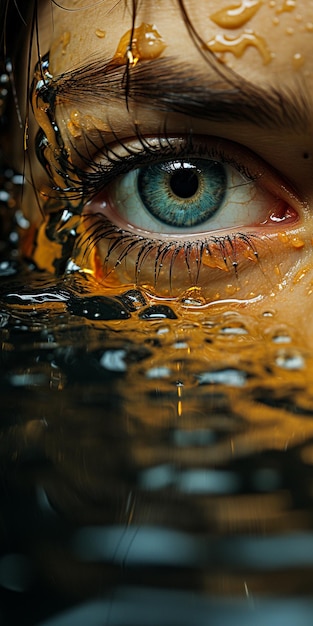 Closeup of beautiful eye of woman half face sink in water generative AI