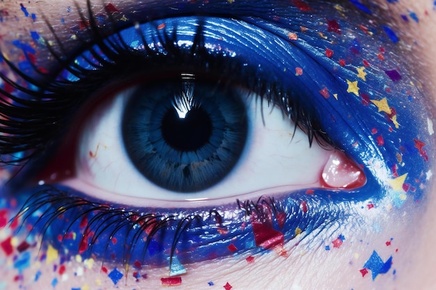 Closeup of beautiful female eye with bright makeup and sequins