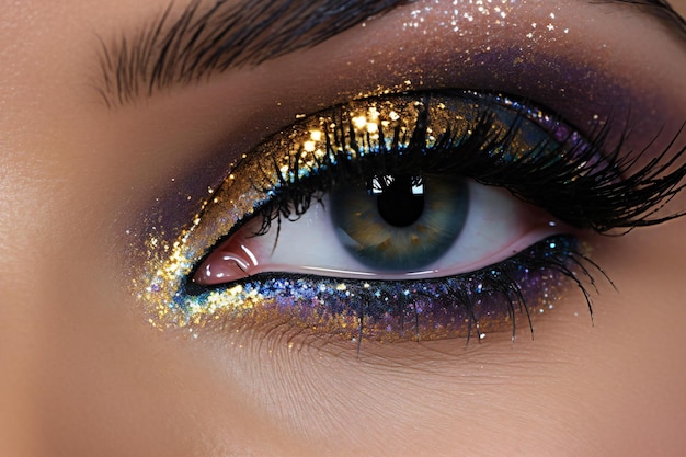 Closeup of beautiful female eye with bright makeup and sparkles