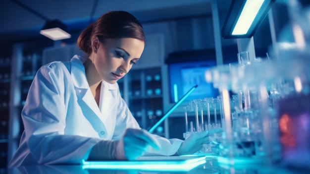 Closeup of a beautiful female microbiologist using a tablet computer in a modern hightech laboratory Genetics medicine advanced technologies pharmaceuticals concepts