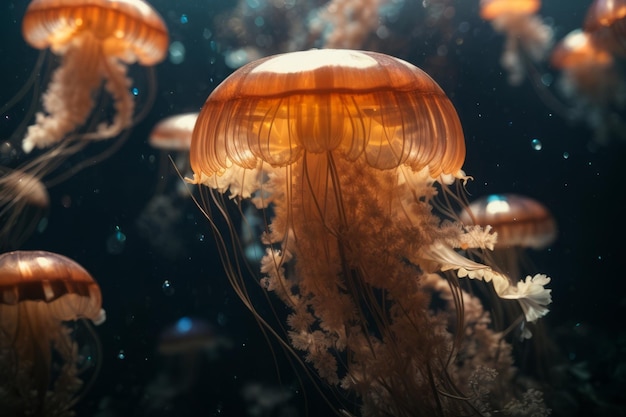 Closeup of a beautiful floating pink transparent jellyfish in a dark blue sea background