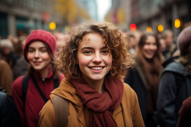 Closeup of Beautiful Girl Posing in the Crowd Generative Ai