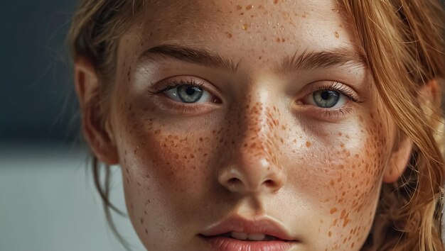 Closeup of a beautiful girl with freckles on her face