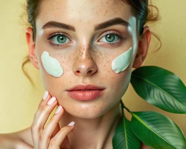 Photo closeup of a beautiful girl with freckles and thick eyebrows applying a moisturizing skincare cream