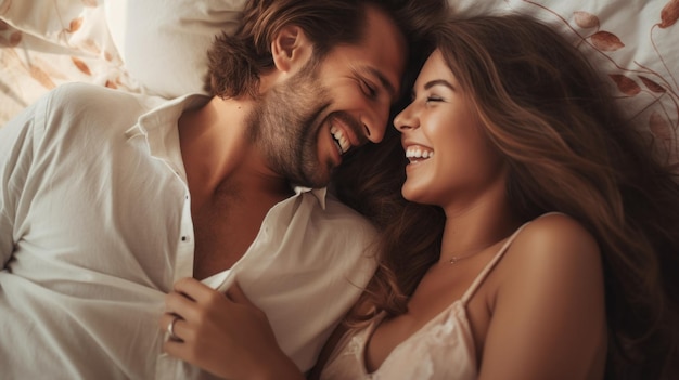 Closeup of a beautiful Happy contented couple lying in bed hugging chatting laughing Family Life Love Lifestyle Positive Emotions concepts