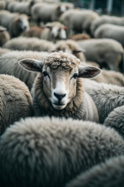 Closeup of a beautiful lamb sheep looking at the camera on a farm pasture Zoo farming pets concepts