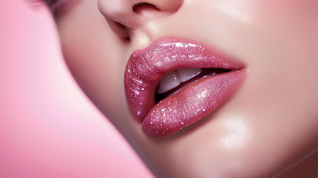 Closeup of beautiful lips with light pink lipstick