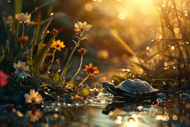 Closeup of beautiful nature with flowers and tortoise