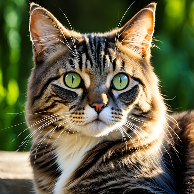 Closeup of a beautiful tabby cat with emerald green eyes