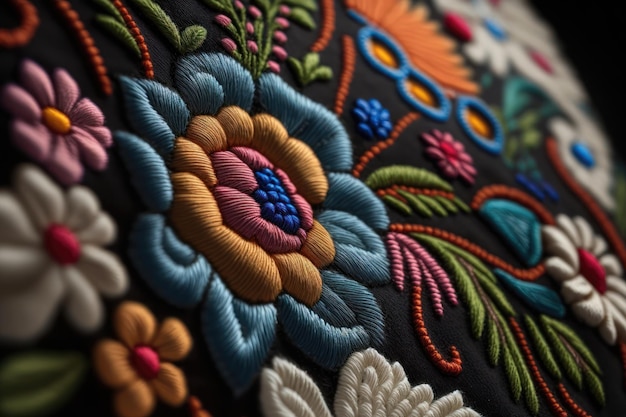 Closeup beautiful Ukrainian traditional style embroidery Vyshivanka AI generation