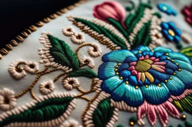 Closeup beautiful Ukrainian traditional style embroidery Vyshivanka AI generation