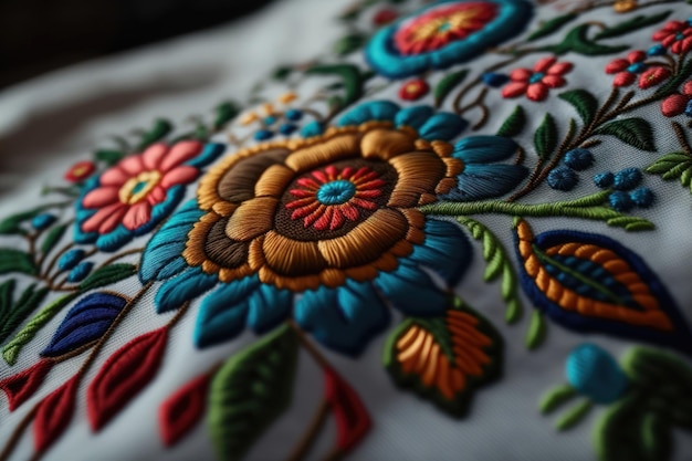 Closeup beautiful Ukrainian traditional style embroidery Vyshivanka AI generation