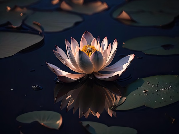 Closeup of beautiful white lotus on dark water surface at lotus pond space for text waterlily