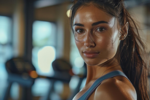 Photo closeup of a beautiful woman shoulders while doing front raises fitness center background copyspace