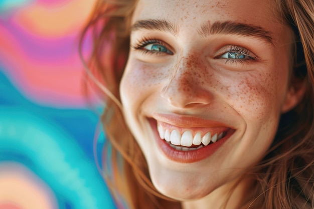 Photo closeup of a beautiful woman smile showing teeth colorful background copyspace for text