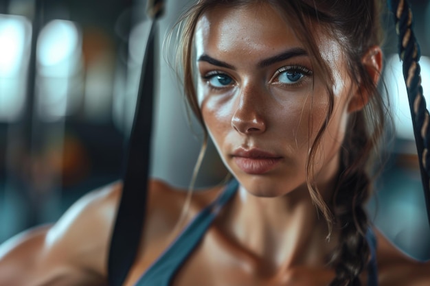 Closeup of a beautiful woman triceps while performing dips fitness center background copyspace