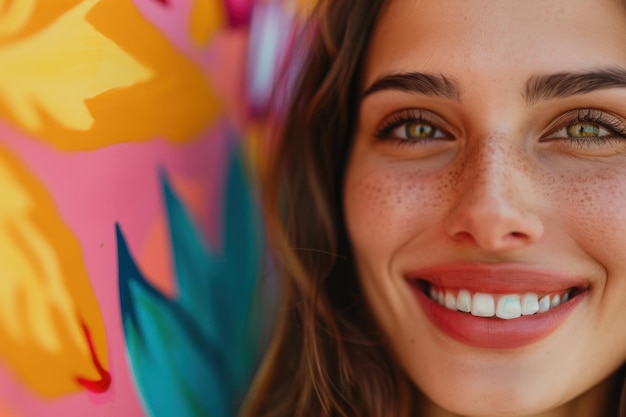 Photo closeup of a beautiful woman upper lip and smile colorful background copyspace