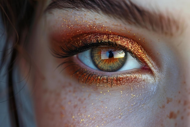 Closeup of beautiful womans eye with golden makeup