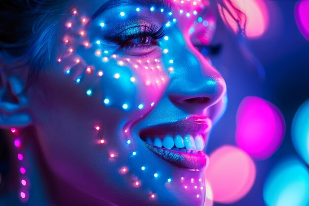 Closeup of a beautiful womans face with cybernetic patterns Futuristic portrait of woman with neon lines and dots on her face Humanoid artificial intelligence concept Toned copy space