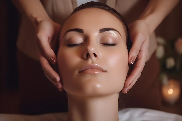 Closeup of a beautiful young woman having a head or face massage in a spa salon wellness