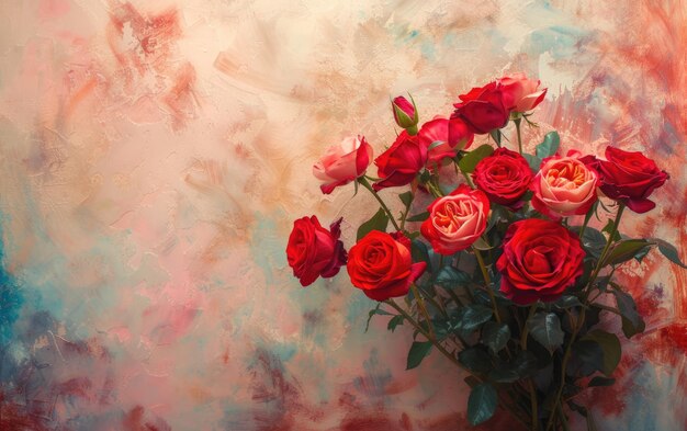 A closeup of beautifully bouquet of red roses on pastel background ai generated