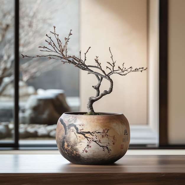 The closeup of a beautifully crafted pot in the Japan style featuring handpainted motifs tradition