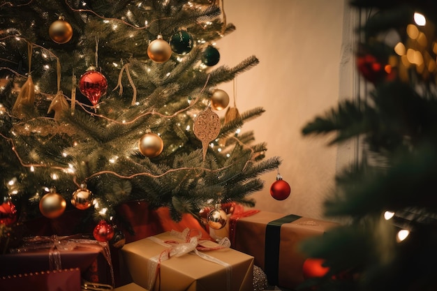 Closeup of a beautifully decorated christmas tree with presents underneath