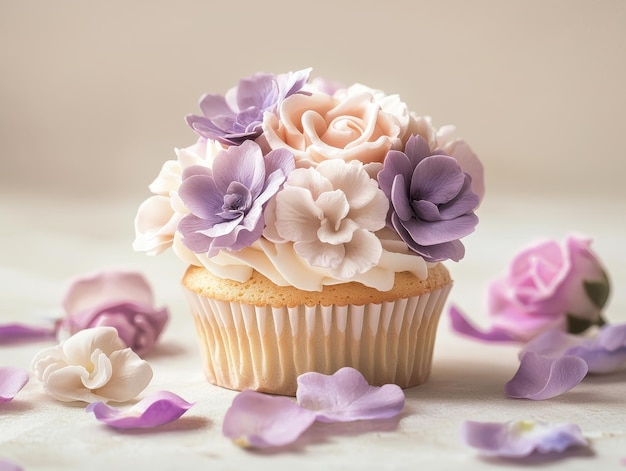 Closeup of a beautifully decorated cupcake adorned with intricate pastel fondant flowers