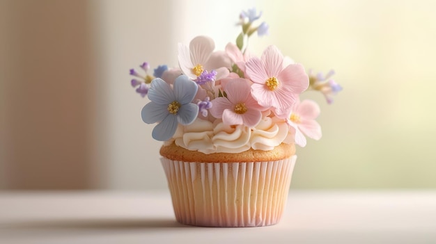 Closeup of a beautifully decorated cupcake adorned with intricate pastel fondant flowers