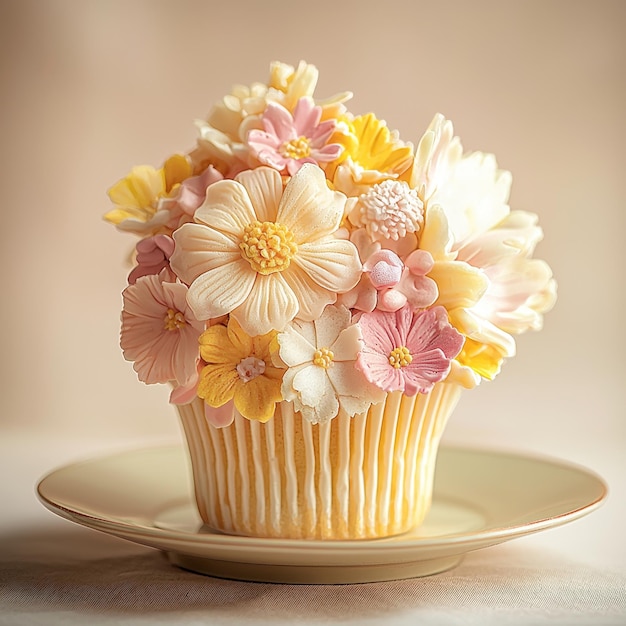 Closeup of a beautifully decorated cupcake adorned with intricate pastel fondant flowers