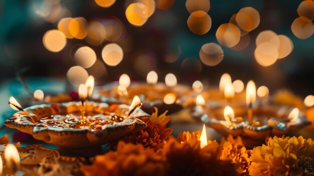 Photo closeup of beautifully decorated diyas with intricate patterns set against the backdrop of a diwali