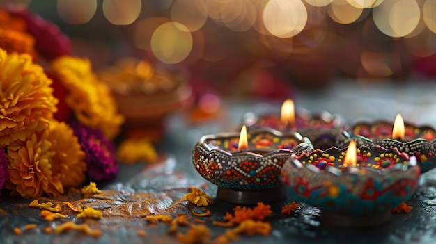 Photo closeup of beautifully decorated diyas with intricate patterns set against the backdrop of a diwali