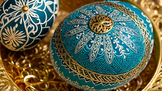 A closeup of a beautifully decorated Easter egg with intricate patterns and religious symbols