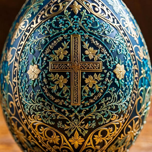 A closeup of a beautifully decorated Easter egg with intricate patterns and religious symbols