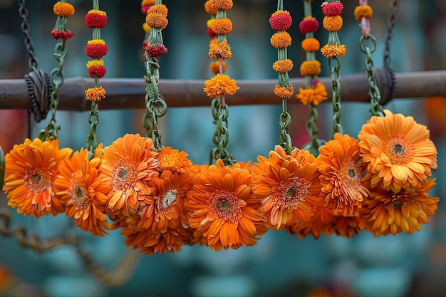 Closeup of beautifully decorated swings adorned with flowers for the Teej festival