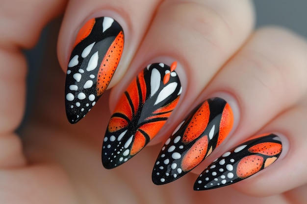 Closeup of beautifully detailed monarch butterfly wing pattern nail art