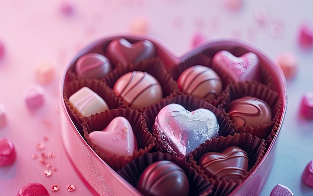 A closeup of a beautifully Heartshaped box of chocolates on the pastel background ai generated